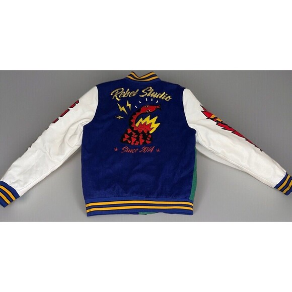 Rebel Minds (M) Velocity Varsity Jacket Blue Leather Embroidered Cobra See Desc - Picture 2 of 16